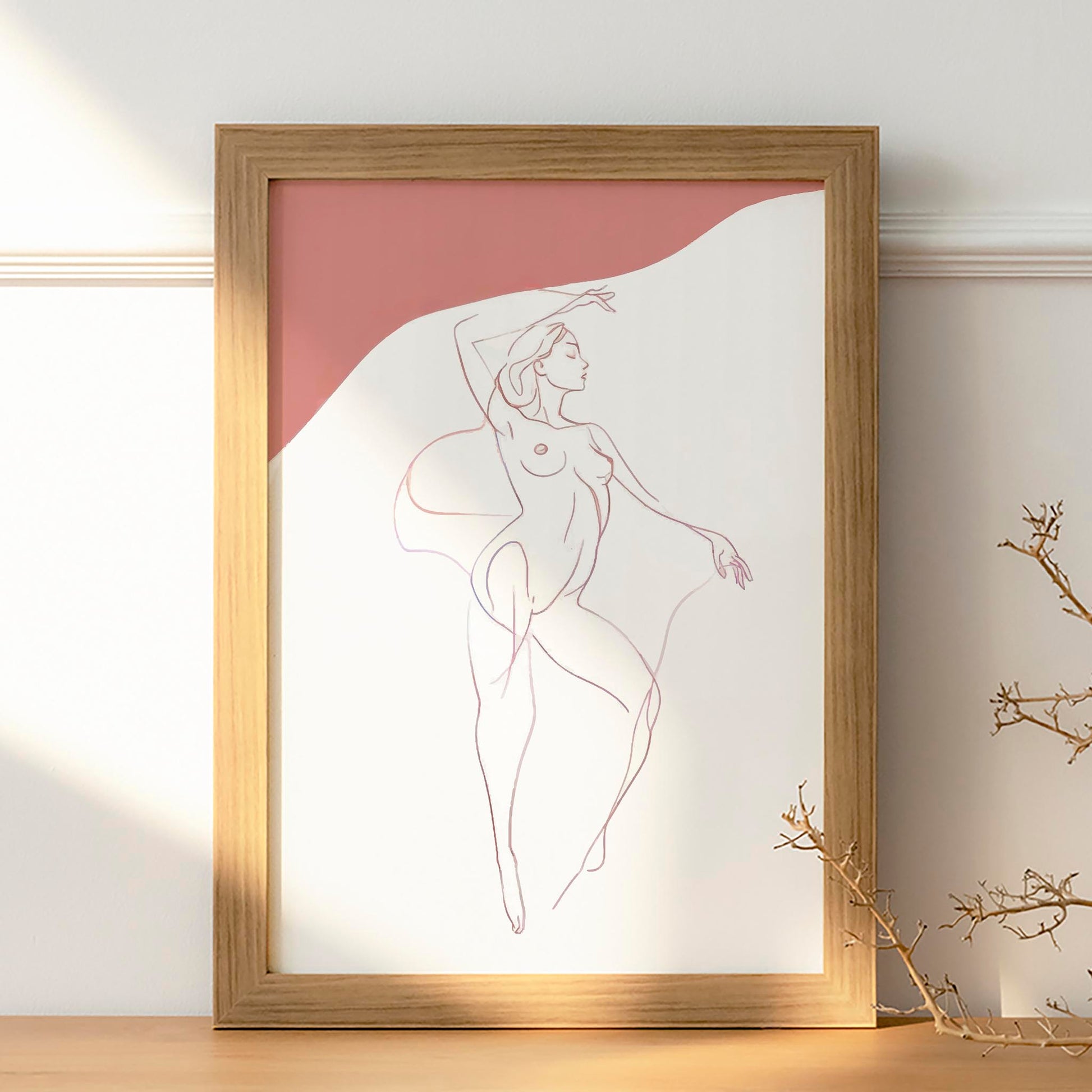 Minimalist line drawing of a nude female figure in a graceful pose with soft pink accents, elegant and sensual wall art ideal for modern bedrooms, studios, or gallery walls.