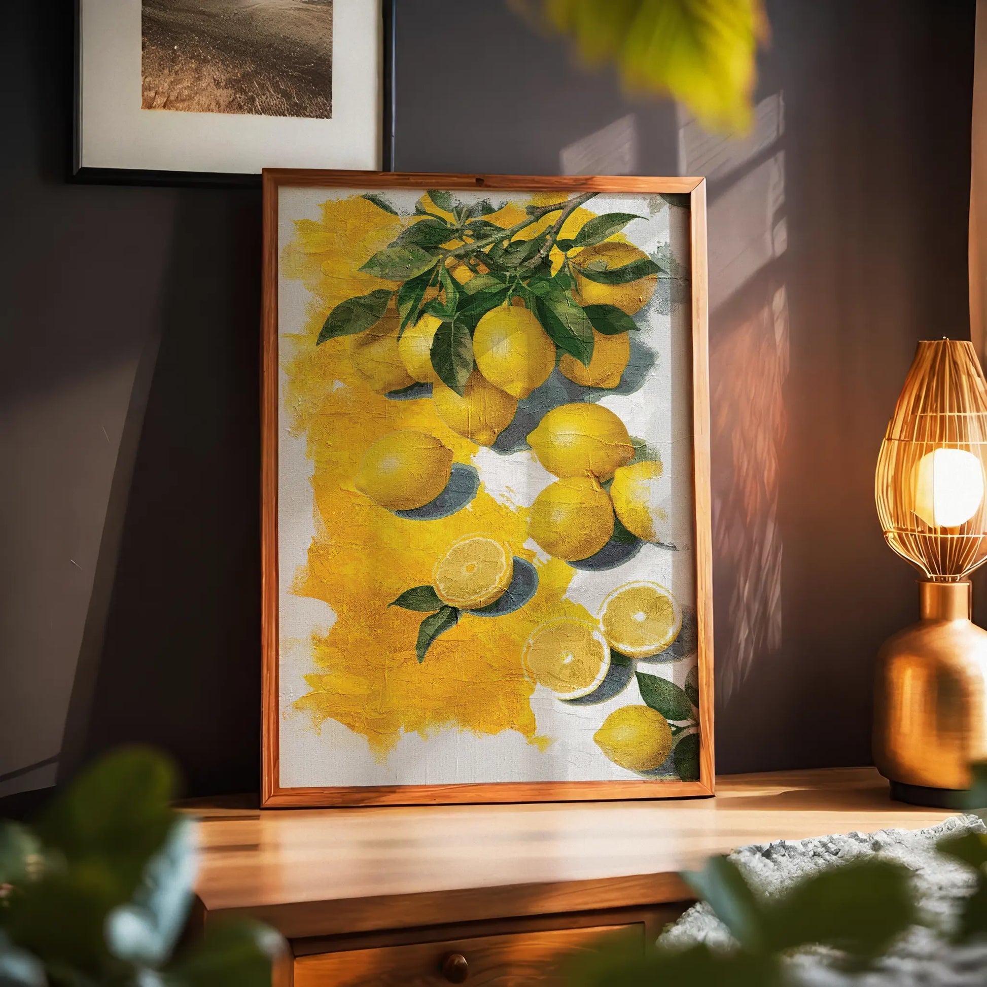 Printable wall art of vibrant yellow lemons with green leaves, some whole and some sliced, set against a textured white and yellow painted background, perfect for kitchen, farmhouse, or citrus-themed decor