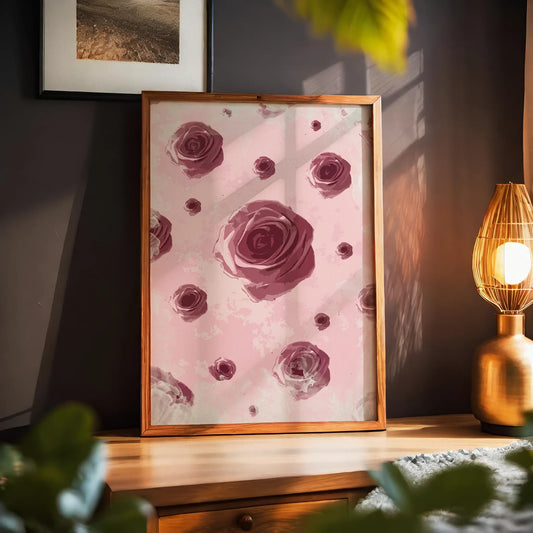 Romantic rose-themed printable wall art featuring a pattern of deep pink roses on a soft pastel background, perfect for feminine decor, bedroom walls, or Valentine’s Day gifts.