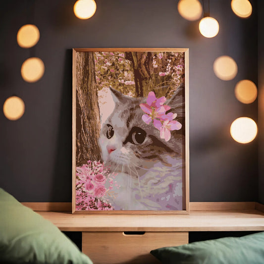 Printable wall art of a close-up of a cat with big, expressive eyes, adorned with pink blossoms, set against a dreamy background of flowering trees and soft floral accents, perfect for romantic and nature-inspired home decor