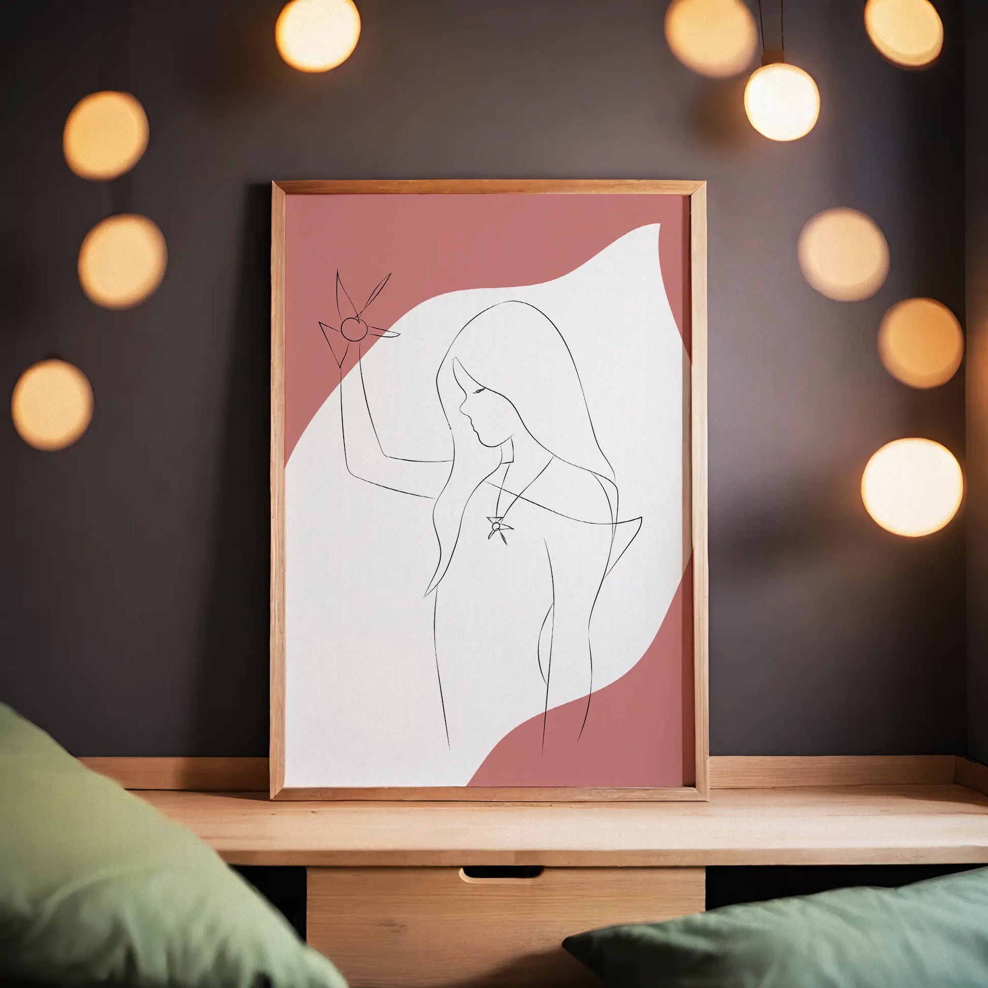 Elegant minimalist line art of a woman holding a geometric star, with long flowing hair and pendant necklace, set against a pink and white abstract background, ideal for modern and feminine decor