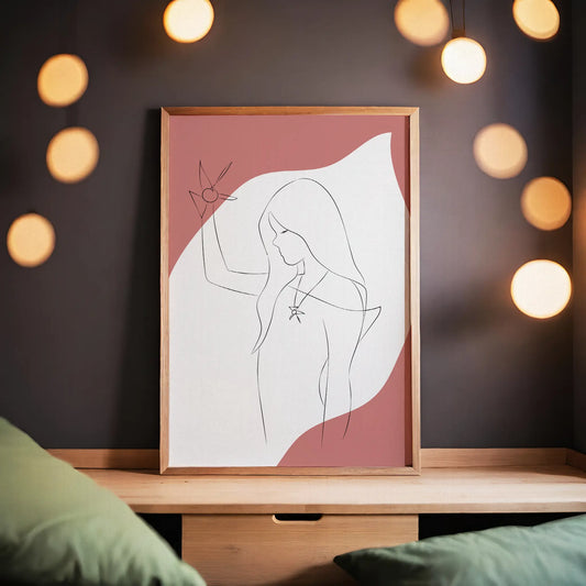 Elegant minimalist line art of a woman holding a geometric star, with long flowing hair and pendant necklace, set against a pink and white abstract background, ideal for modern and feminine decor