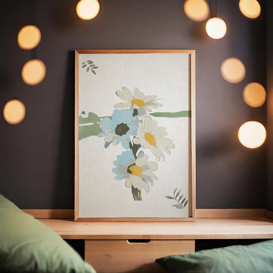 Minimalist printable wall art featuring hand-painted white daisies with yellow centers and soft blue accents, a calming botanical design perfect for bedroom, hallway, or cottagecore-inspired decor.
