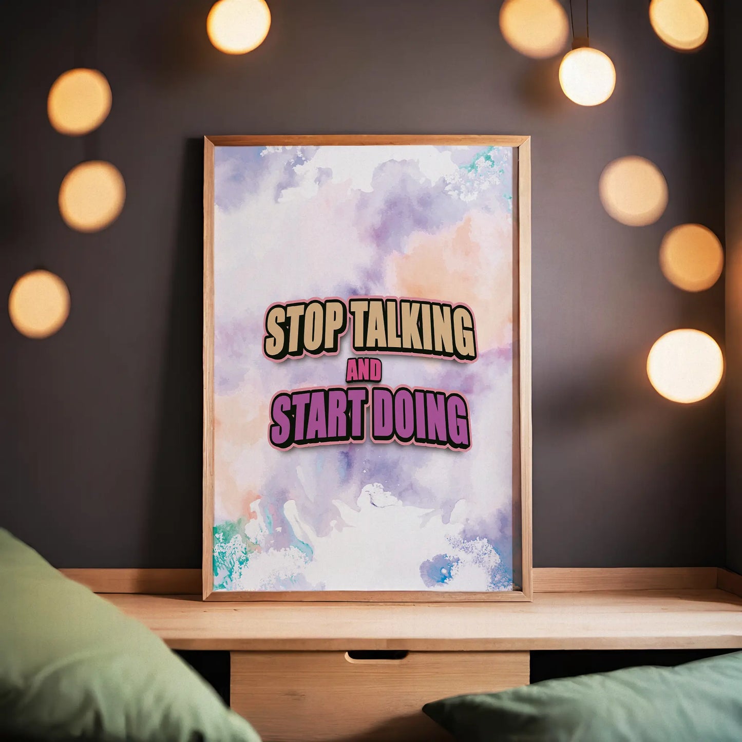 Bold motivational printable wall art featuring the quote 'Stop Talking and Start Doing' in dynamic beige and purple typography over a colourful pastel watercolour background, perfect for energising offices, gyms, or creative workspaces