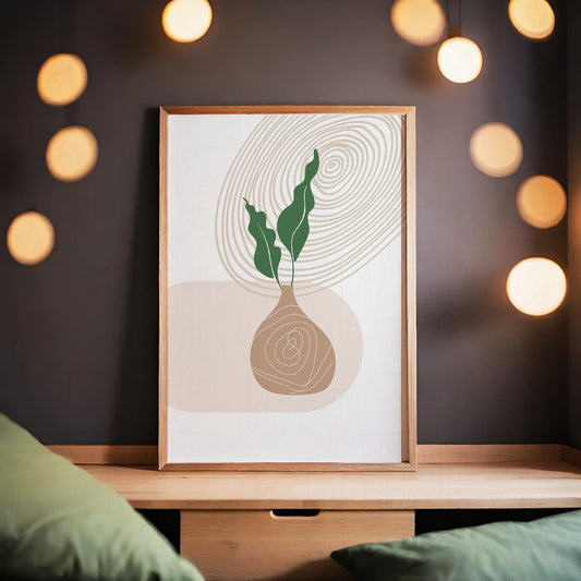 Modern abstract printable wall art featuring a minimalist plant in a bulb-shaped vase with organic line detailing, ideal for boho, Scandinavian, or nature-inspired home decor.