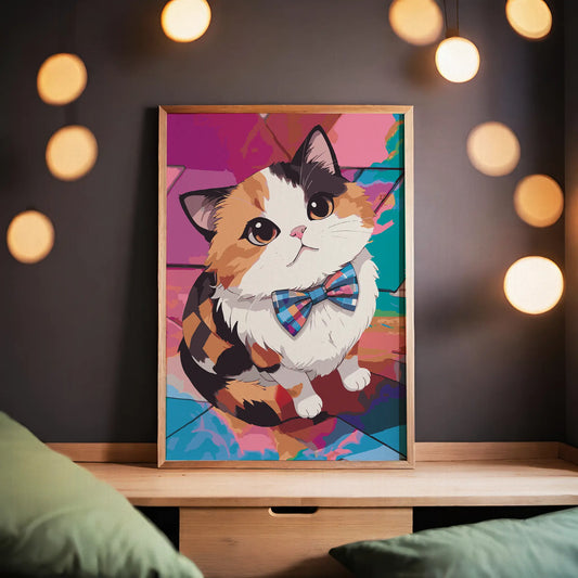 Printable wall art of a cute calico cat wearing a colorful plaid bow tie, sitting against a vibrant geometric background, perfect for cat lovers and playful, modern home decor