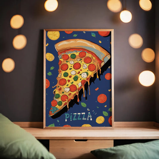 Printable wall art of a colorful, cheesy slice of pepperoni pizza with toppings, dripping cheese, and playful ingredients on a blue background with the word ‘PIZZZZA’ perfect for kitchen, dining area, or food lovers’ decor