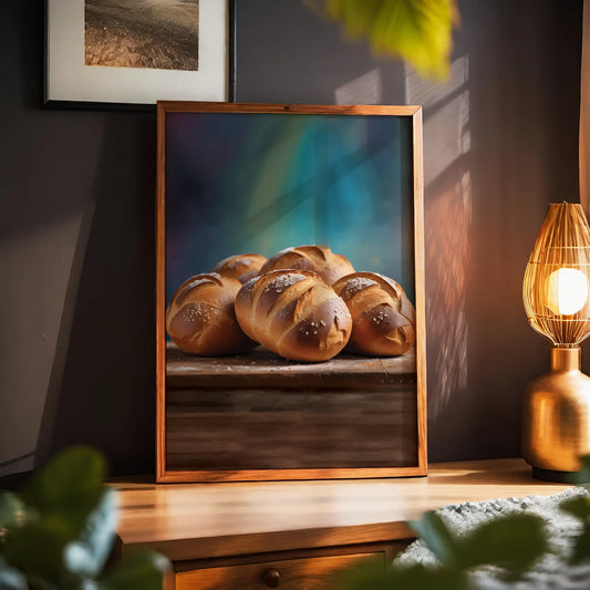 Printable wall art of freshly baked golden brown bread rolls with coarse salt on top, arranged on a rustic wooden surface with a soft, moody background, perfect for cozy kitchen or bakery-themed decor