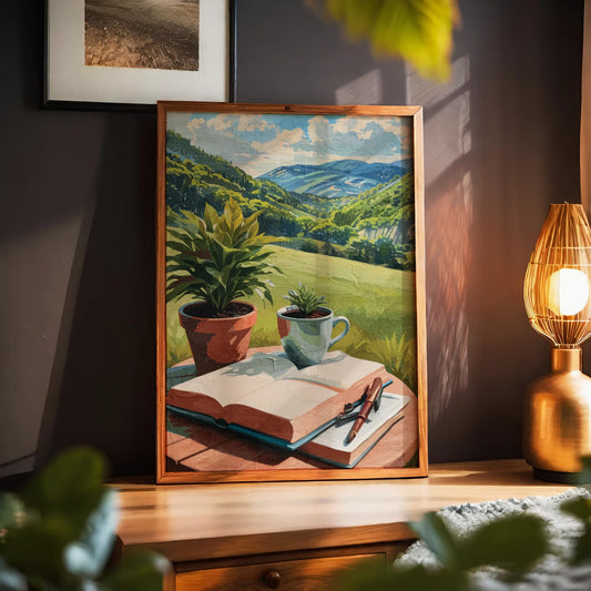 Peaceful printable wall art depicting an open book, pen, coffee cup, and potted plants on a table overlooking lush green hills and distant mountains under a sunny sky - perfect for writers, book lovers, or cozy nature-inspired decor