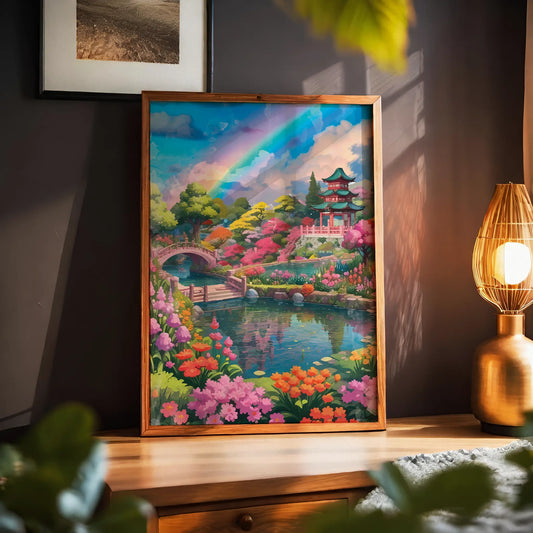 Vibrant printable wall art of a serene Japanese garden featuring a colorful rainbow, traditional pagoda, arched wooden bridges, and lush blooming flowers around a peaceful koi pond, perfect for zen, nature-inspired, or Asian-themed home decor.