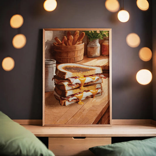 Printable wall art of a stack of grilled cheese sandwiches with melted cheddar oozing out, set on a rustic wooden counter with warm tones and cozy kitchen details, perfect for food lovers and farmhouse-style decor