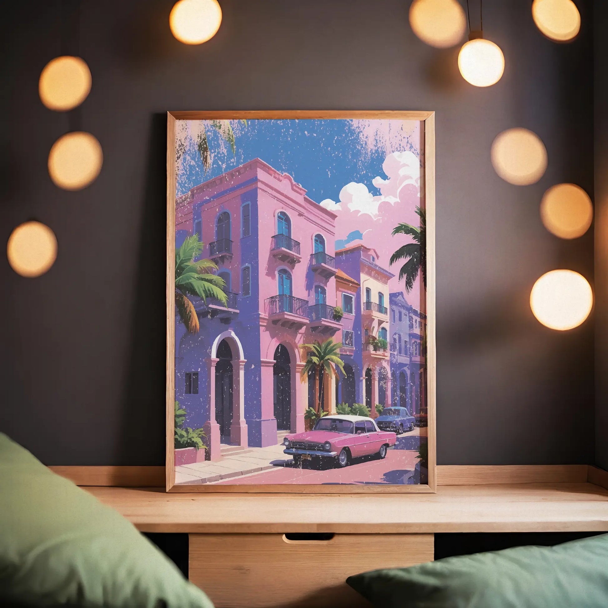 Printable wall art of colorful pastel buildings with balconies, palm trees, and a vintage pink car parked on the street under a sunny sky, perfect for tropical, retro-inspired home decor