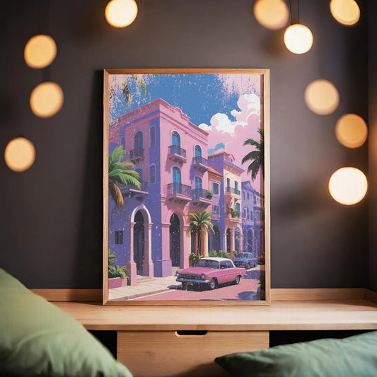 Printable wall art of colorful pastel buildings with balconies, palm trees, and a vintage pink car parked on the street under a sunny sky, perfect for tropical, retro-inspired home decor