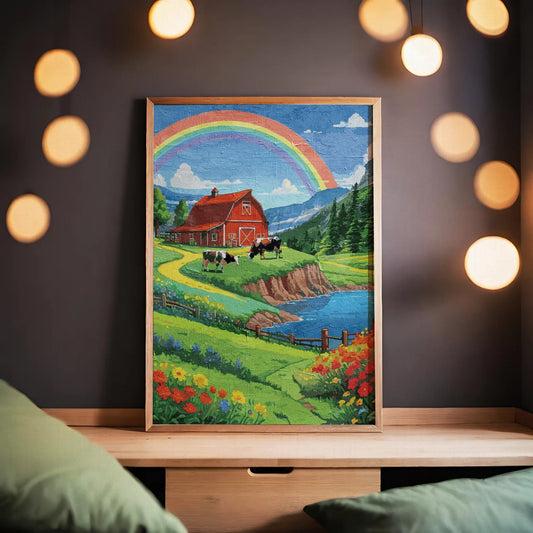 Charming countryside printable wall art featuring a vibrant red barn, grazing cows, colorful wildflowers, and a winding path beside a sparkling lake, all under a bright rainbow arching across a blue sky - perfect for farmhouse, cottagecore, or rural-themed decor