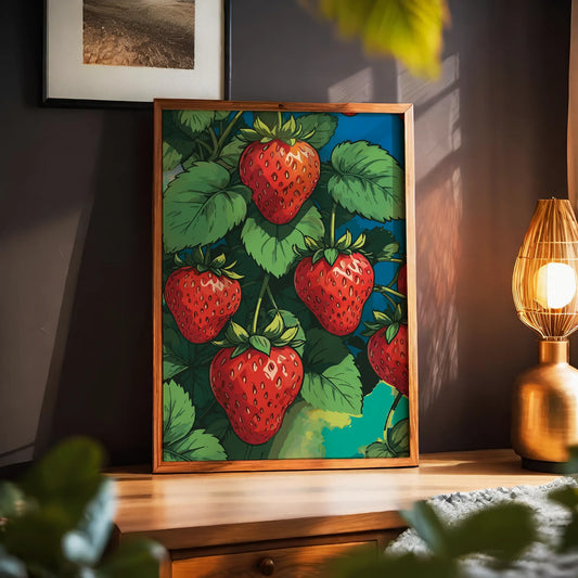 Printable wall art featuring vibrant red strawberries growing on lush green vines against a bold, colorful background, perfect for kitchen, farmhouse, or fruit-themed decor