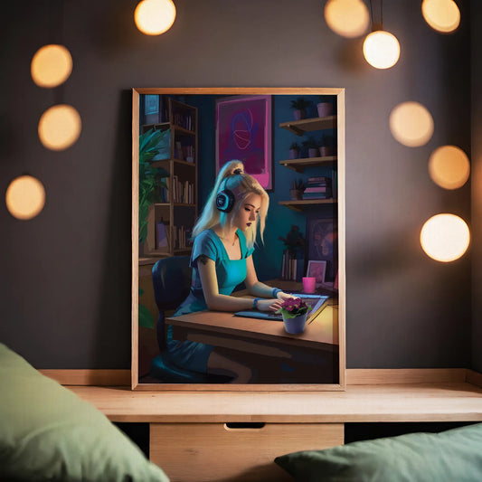 Digital illustration of a blonde gamer girl in a teal dress and headset, focused on her tablet in a cozy, neon-lit room, modern wall art perfect for gaming setups and creative workspaces