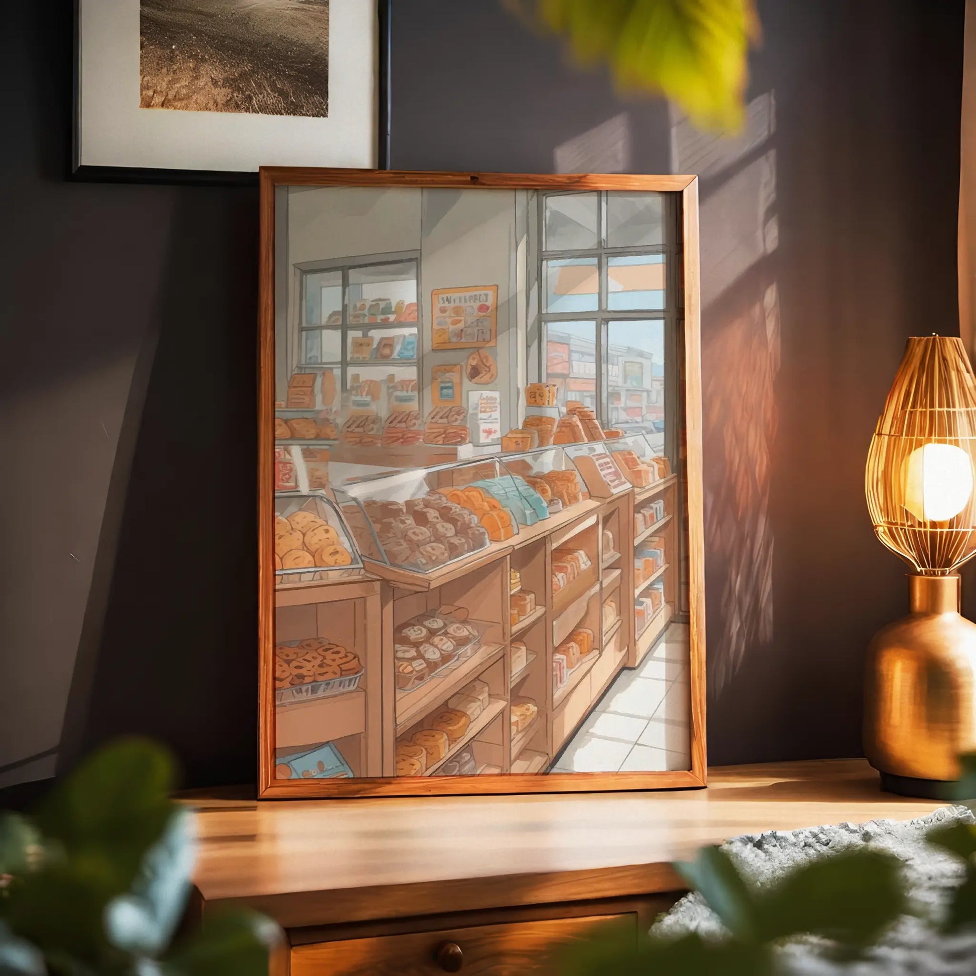Printable wall art of a cozy bakery interior with shelves and glass cases filled with assorted breads, pastries, and donuts, bathed in soft natural light from large windows, perfect for kitchen, café, or bakery-themed decor.