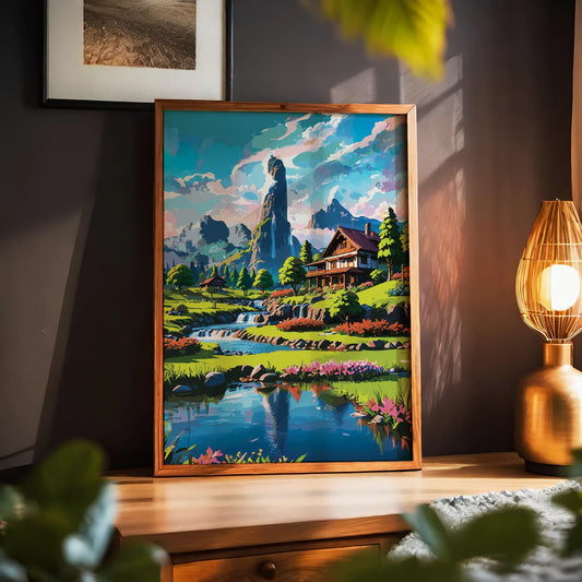 Scenic fantasy-style printable wall art showcasing a wooden chalet beside a cascading stream, surrounded by colorful flowers, pine trees, and dramatic mountain peaks under a vibrant sky - perfect for nature lovers, cabin decor, or adventure-inspired interiors
