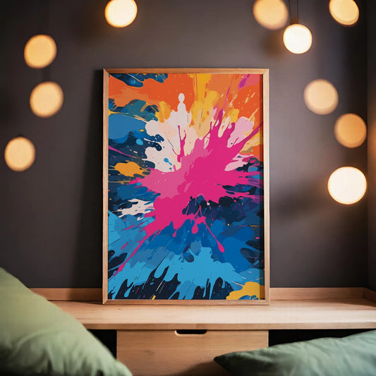 Vibrant abstract printable wall art featuring an explosive splash of bold colours including pink, blue, orange, yellow, and white, perfect for energising modern interiors or creative spaces