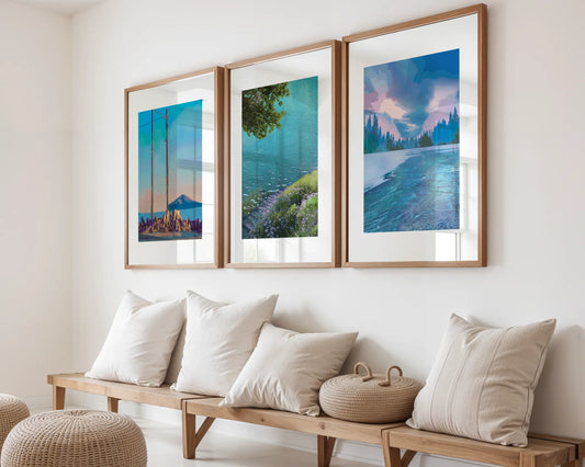 Set of three printable wall art pieces featuring serene landscape scenes with mountains, lakes, and forests