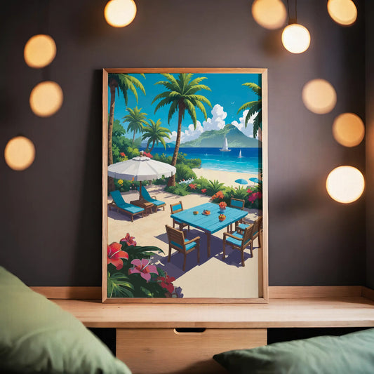 Tropical beachside printable wall art featuring a vibrant patio scene with a blue dining table, lounge chairs under a white umbrella, palm trees, colorful flowers, and sailboats on turquoise waters with a lush island in the background - perfect for summer, coastal, or vacation-themed decor