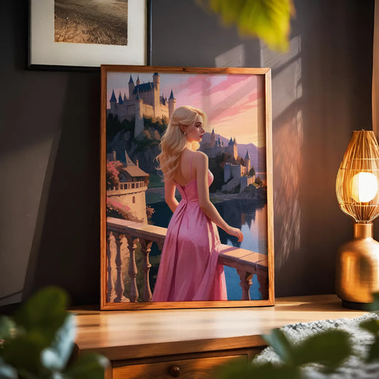Romantic digital painting of a blonde woman in a flowing pink gown standing on a castle balcony at sunset, fairytale princess wall art print