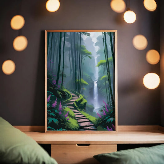 Scenic wall art of a misty bamboo forest with a winding path leading to a tall waterfall surrounded by lush greenery and purple flowers