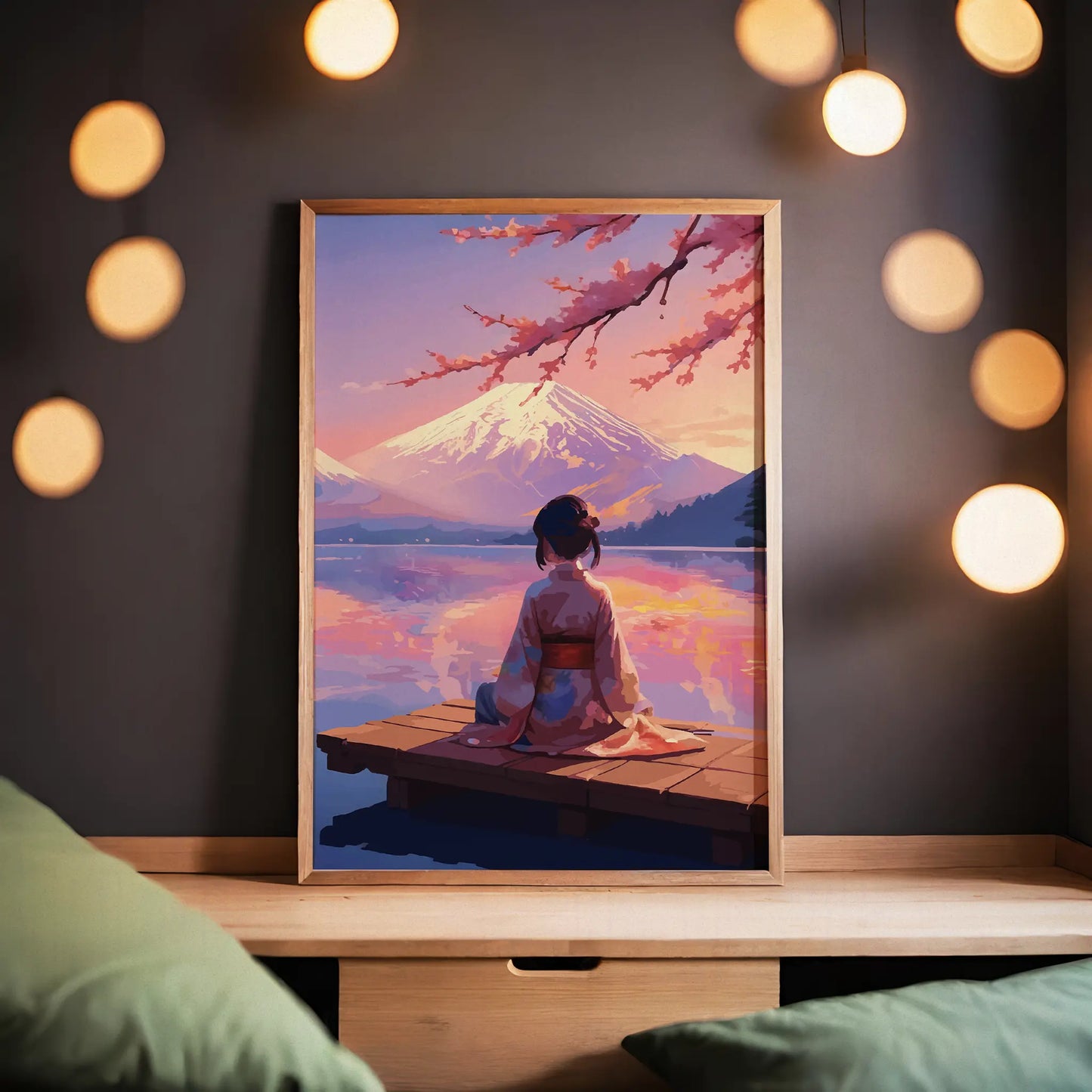 Tranquil Japanese-themed printable wall art featuring a woman in a kimono seated on a wooden dock, gazing at Mount Fuji across a serene lake during a pastel sunset, with cherry blossoms framing the scene - perfect for zen, travel, or Japan-inspired home decor