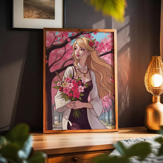Printable wall art of a graceful woman with long blonde hair holding a bouquet of vibrant pink flowers, standing under blooming cherry blossom trees on a sunny day, perfect for romantic and nature-inspired home decor