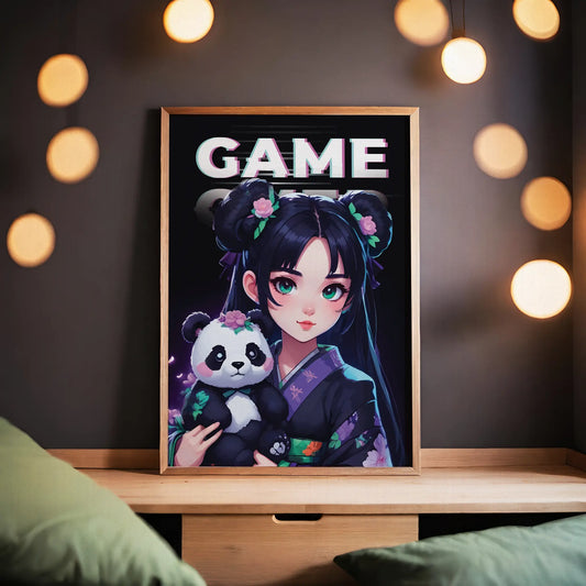 Anime-style gamer girl in a floral kimono holding a cute panda plush, with the word 'GAME' in glitch text above, vibrant, kawaii-inspired printable wall art for gamers and anime lovers