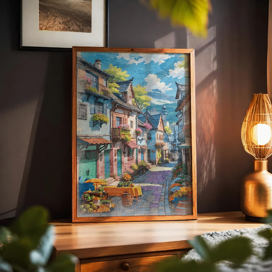 Charming printable wall art of a colorful European-style village street, lined with flower-filled balconies, cobblestone paths, and a market table with fruits and flowers under a sunny blue sky, perfect for travel-inspired, vintage, or Mediterranean-themed decor