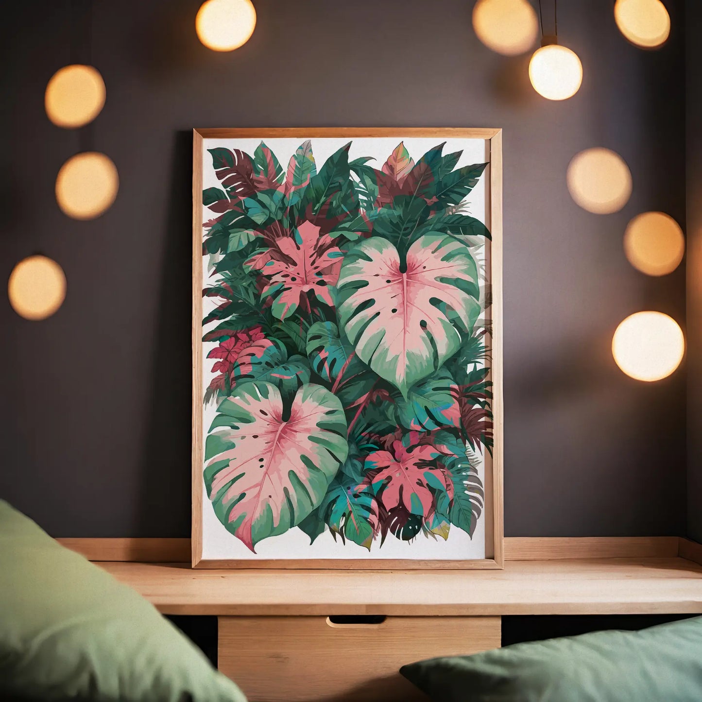 Tropical botanical printable wall art featuring a lush arrangement of pink and green monstera and philodendron leaves, ideal for jungle-themed or nature-inspired home decor.