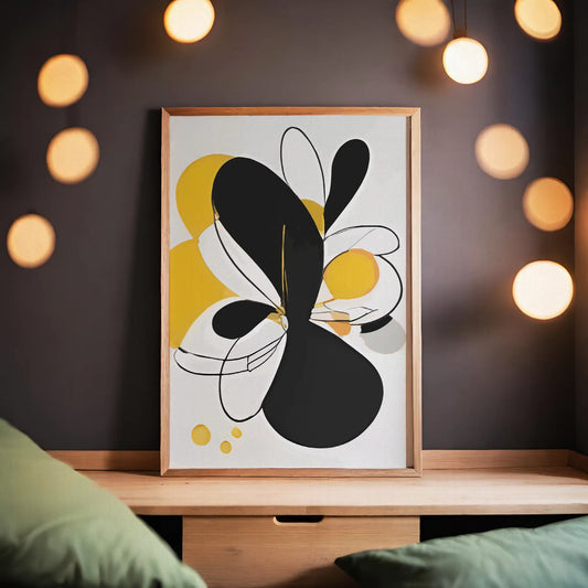 Bold abstract printable wall art featuring large black and yellow organic shapes with fine linework and soft neutral accents, creating a dynamic modern composition perfect for minimalist or contemporary decor