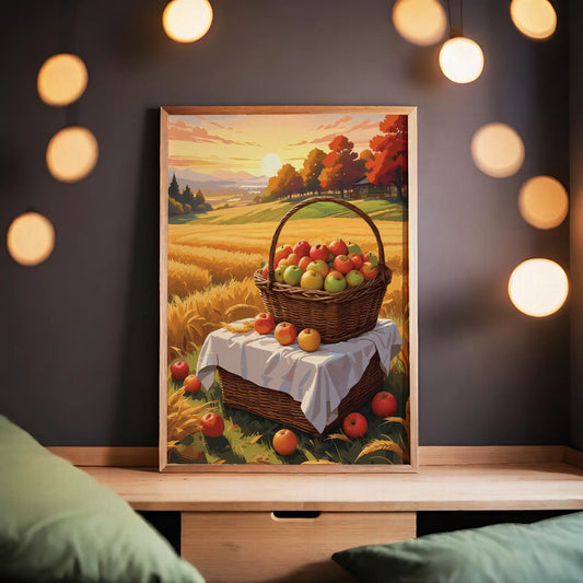 Digital wall art of a basket filled with apples in a golden wheat field at sunset, surrounded by scattered apples and autumn trees in the background