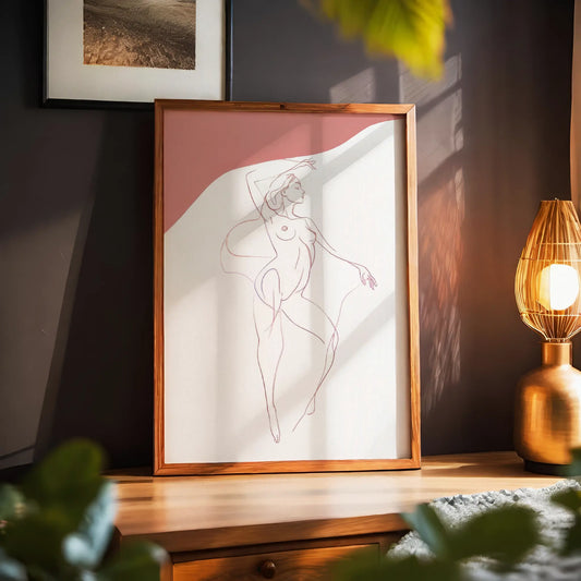 Minimalist line drawing of a nude female figure in a graceful pose with soft pink accents, elegant and sensual wall art ideal for modern bedrooms, studios, or gallery walls.