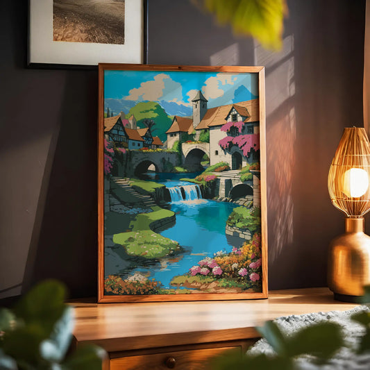 Fairytale-inspired printable wall art of a quaint European village with stone bridges, charming houses with orange rooftops, vibrant flowers, and a serene river flowing through cascading waterfalls, perfect for storybook, fantasy, or cottagecore-themed decor