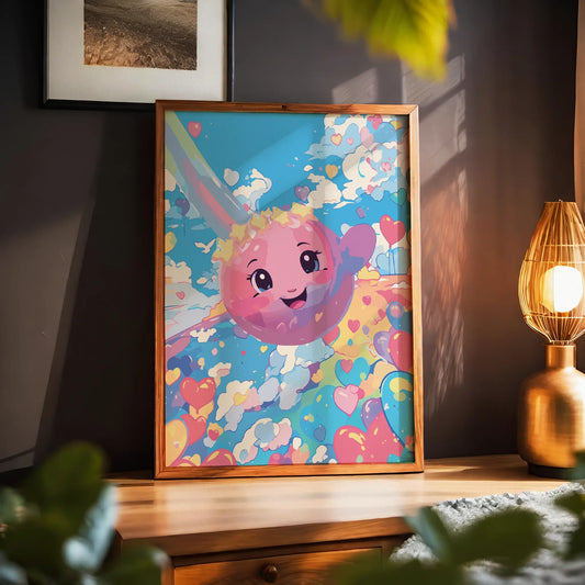 Kawaii-style wall art featuring a joyful pink planet with a smiling face, floating through a dreamy sky filled with colorful clouds and heart-shaped balloons, perfect for kids' rooms, nurseries, or whimsical decor lovers.
