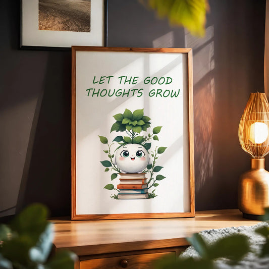 Whimsical printable wall art featuring a smiling plant character growing from a stack of books with leafy vines, paired with the uplifting quote 'Let the Good Thoughts Grow' perfect for kids’ rooms, classrooms, or positivity-focused spaces