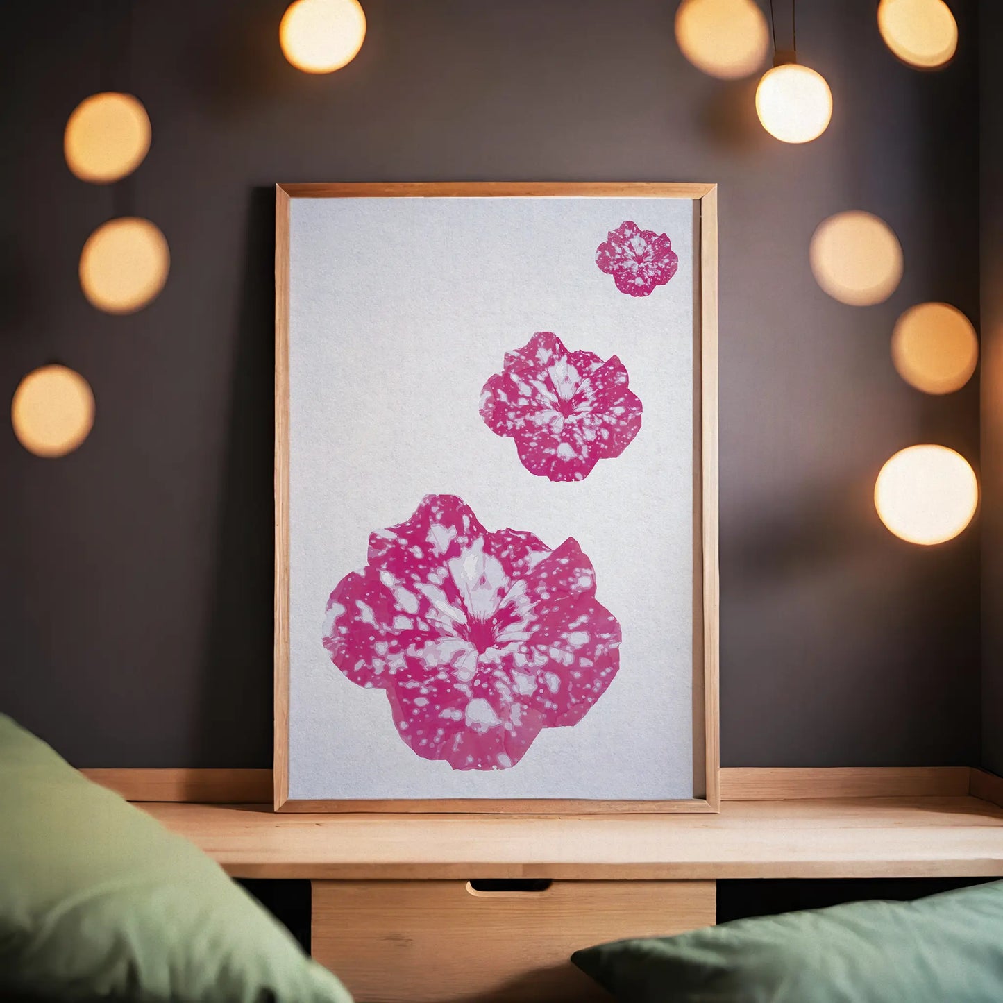Minimalist floral wall art featuring three vibrant pink and white speckled blossoms on a soft textured background, modern botanical printable perfect for contemporary home decor.