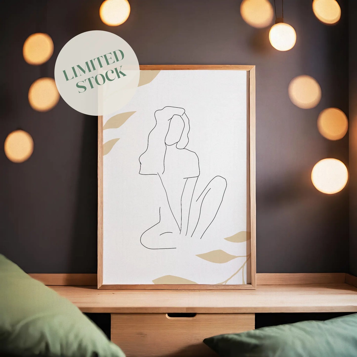 Minimalist line art of a seated woman with flowing hair, drawn in a single continuous stroke, surrounded by soft beige botanical elements on a light background, perfect for serene and modern interiors