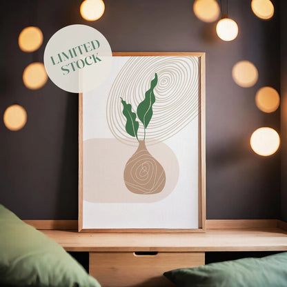 Modern abstract printable wall art featuring a minimalist plant in a bulb-shaped vase with organic line detailing, ideal for boho, Scandinavian, or nature-inspired home decor.