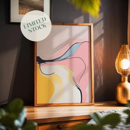 Modern abstract printable wall art featuring flowing shapes in soft pink, yellow, cream, and blue tones with bold black lines, creating a playful yet elegant minimalist aesthetic