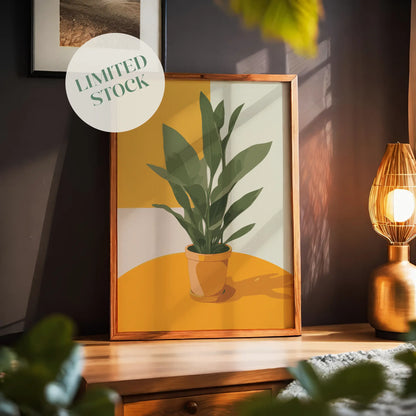 Modern printable wall art of a green potted plant on a vibrant orange table, with bold geometric background in yellow and cream tones - ideal for minimalist or contemporary decor
