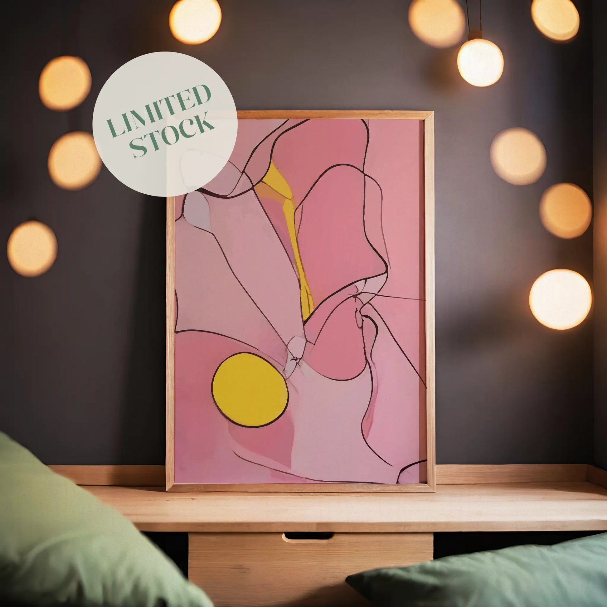 Abstract printable wall art featuring fluid pink shapes outlined with fine black lines, accented by a bold yellow circle and stroke, creating a modern and expressive composition perfect for contemporary interiors