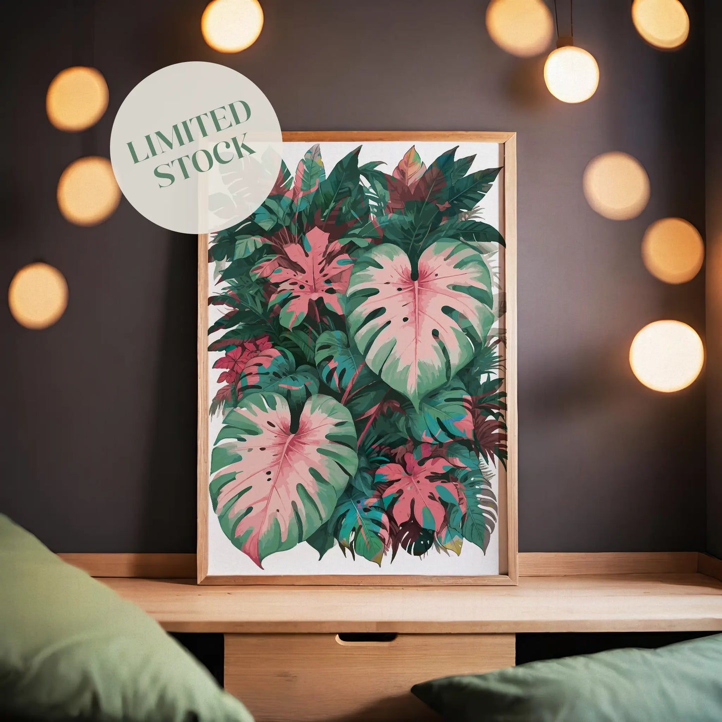 Tropical botanical printable wall art featuring a lush arrangement of pink and green monstera and philodendron leaves, ideal for jungle-themed or nature-inspired home decor.