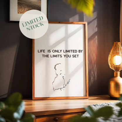 Minimalist motivational printable wall art featuring the quote 'Life is only limited by the limits you set' with a delicate line drawing of a woman holding a leafy branch, perfect for inspiring modern, calm, and empowering spaces