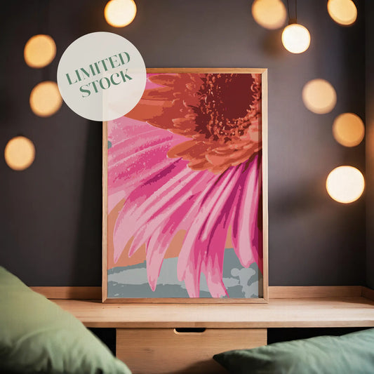 Vibrant close-up digital painting of a pink and orange daisy flower, perfect printable wall art for adding bold color and botanical charm to modern interiors.