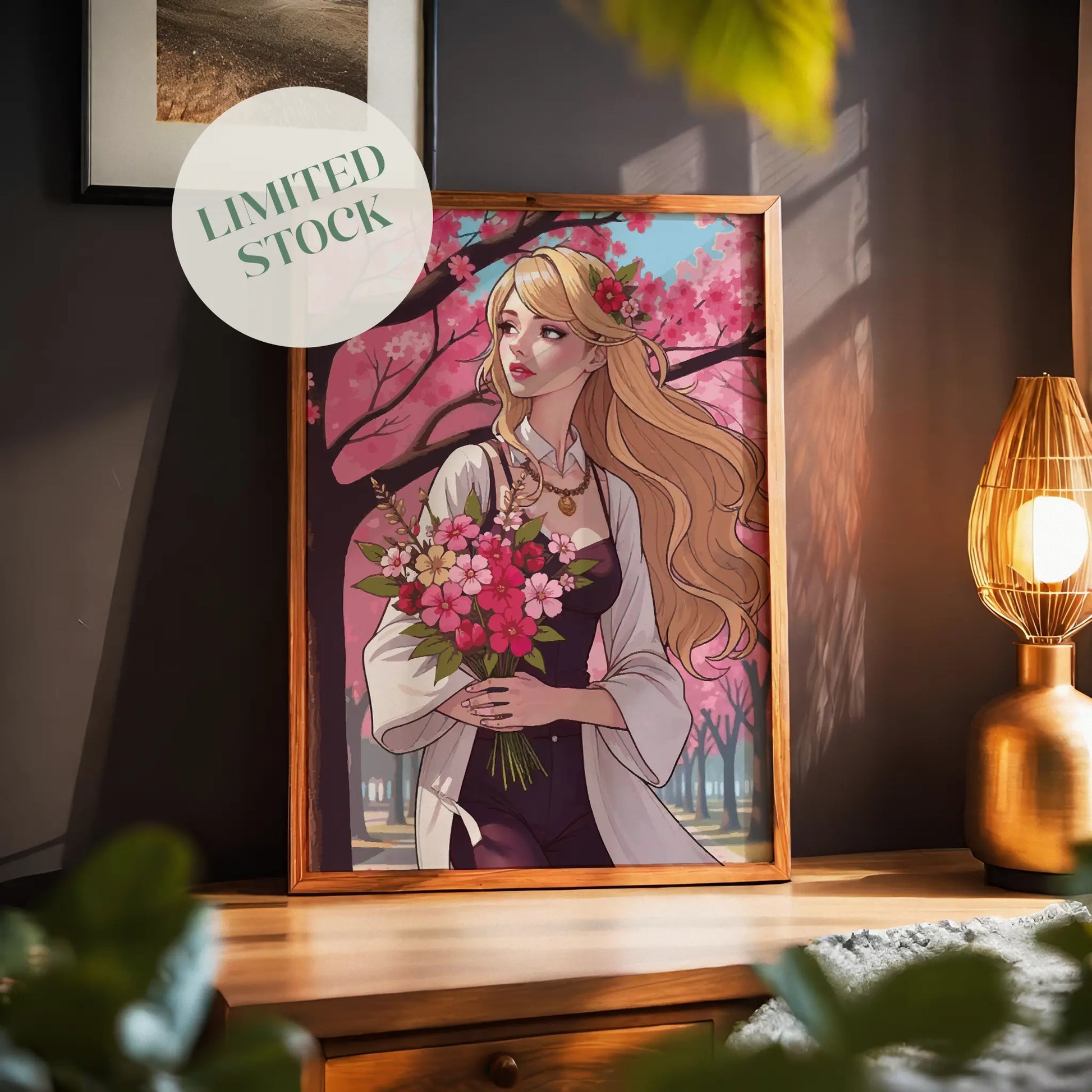 Printable wall art of a graceful woman with long blonde hair holding a bouquet of vibrant pink flowers, standing under blooming cherry blossom trees on a sunny day, perfect for romantic and nature-inspired home decor