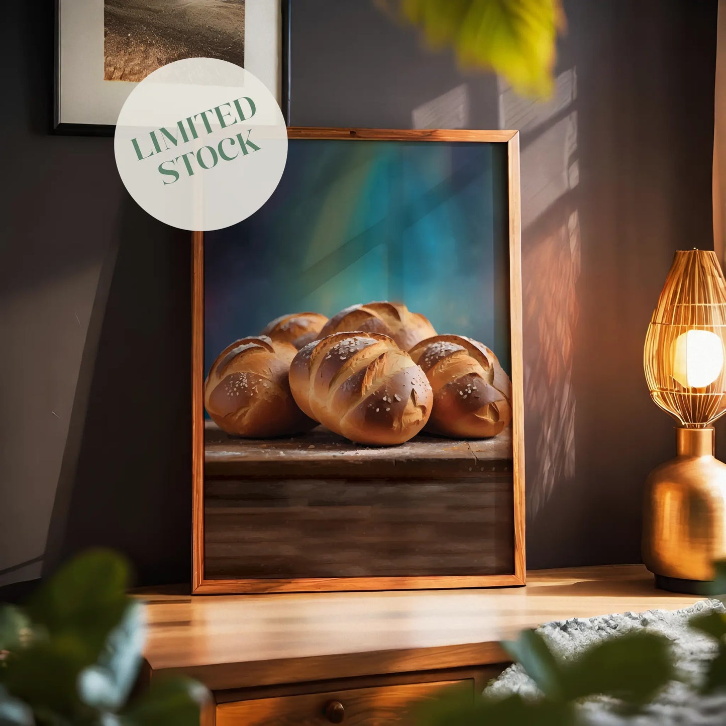 Printable wall art of freshly baked golden brown bread rolls with coarse salt on top, arranged on a rustic wooden surface with a soft, moody background, perfect for cozy kitchen or bakery-themed decor