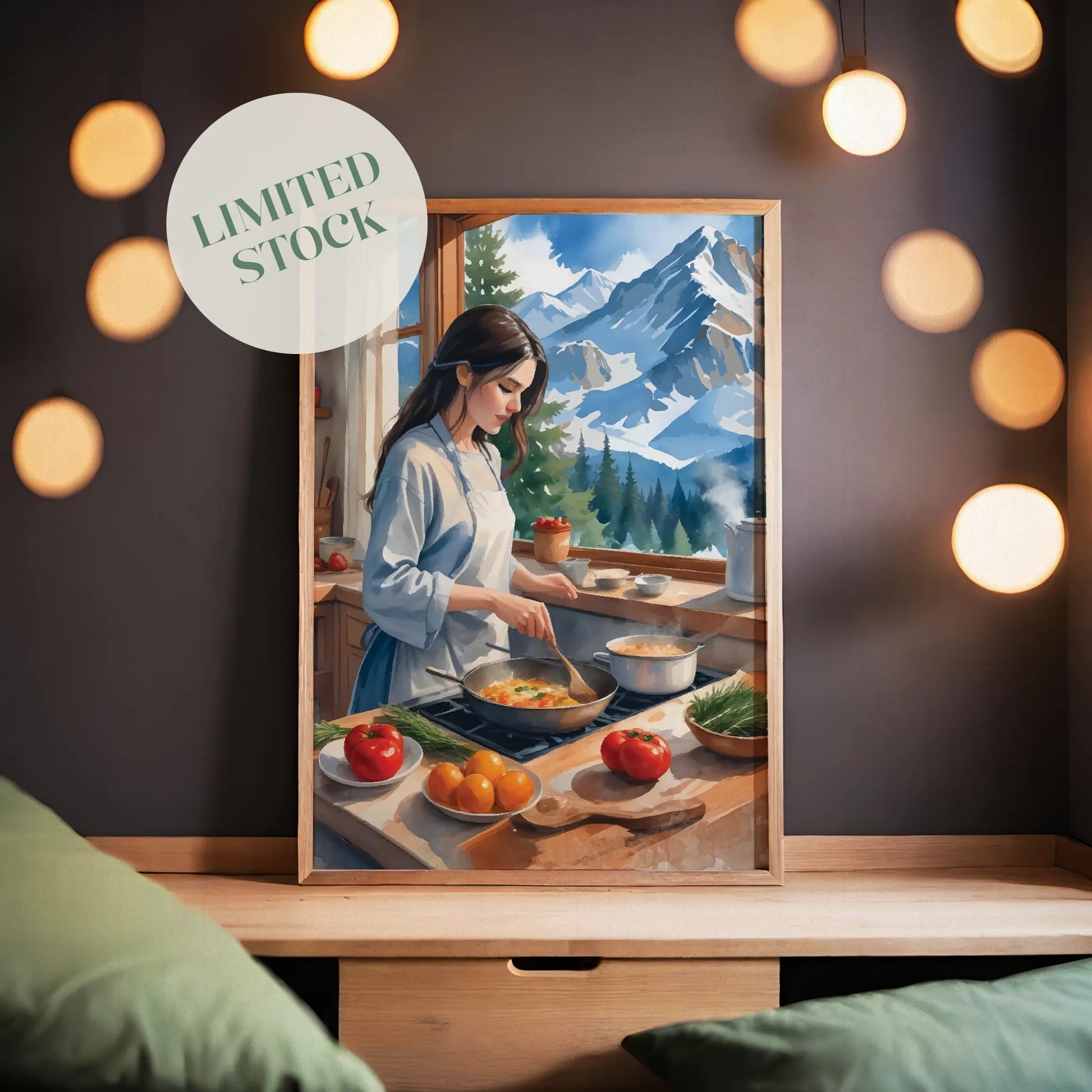 Charming digital painting of a woman cooking in a cozy kitchen with a stunning snowy mountain view - warm, rustic printable wall art ideal for kitchen or cabin decor